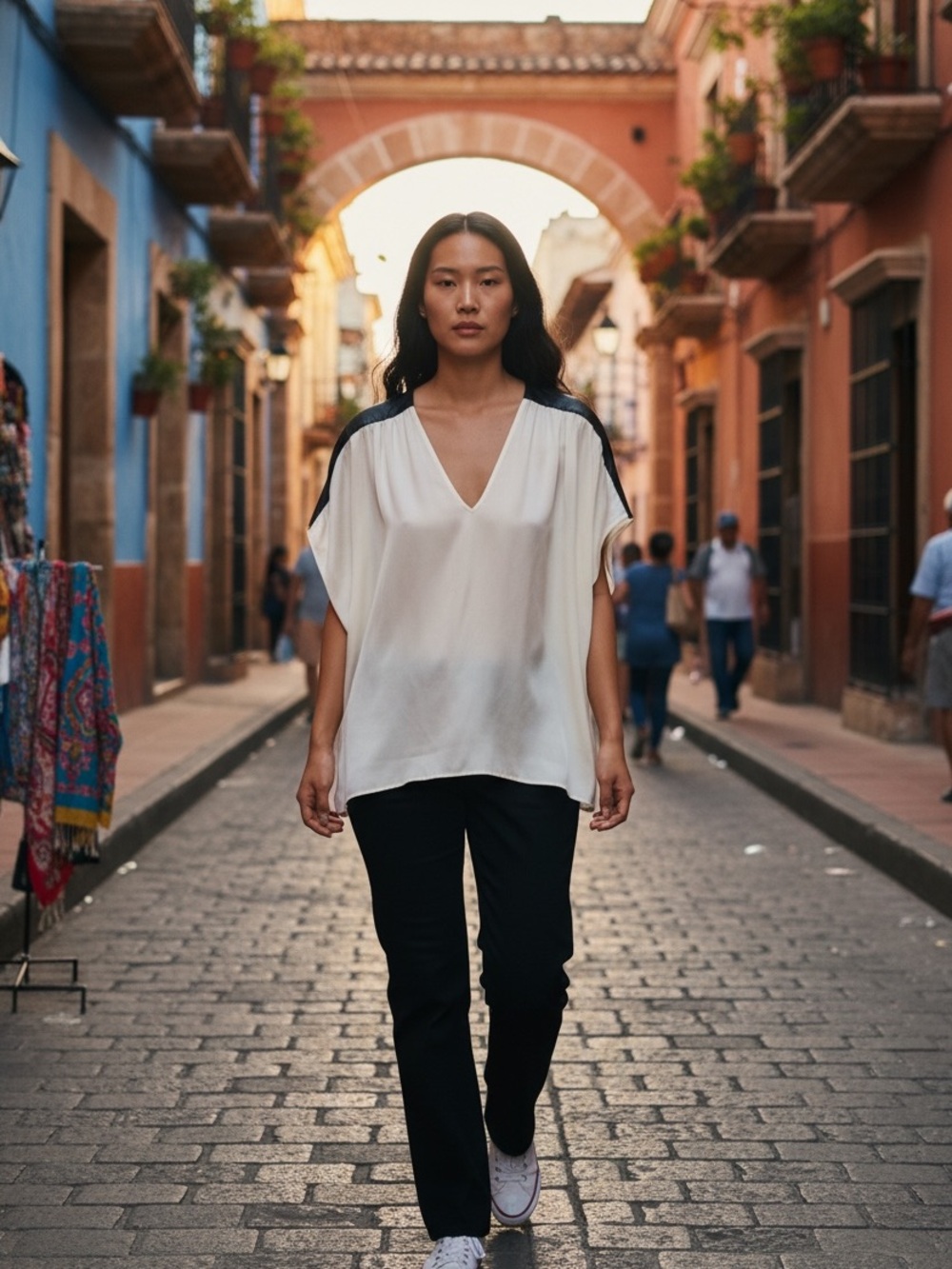 Cream V-Neck Tunic Top with Black Shoulder Trim